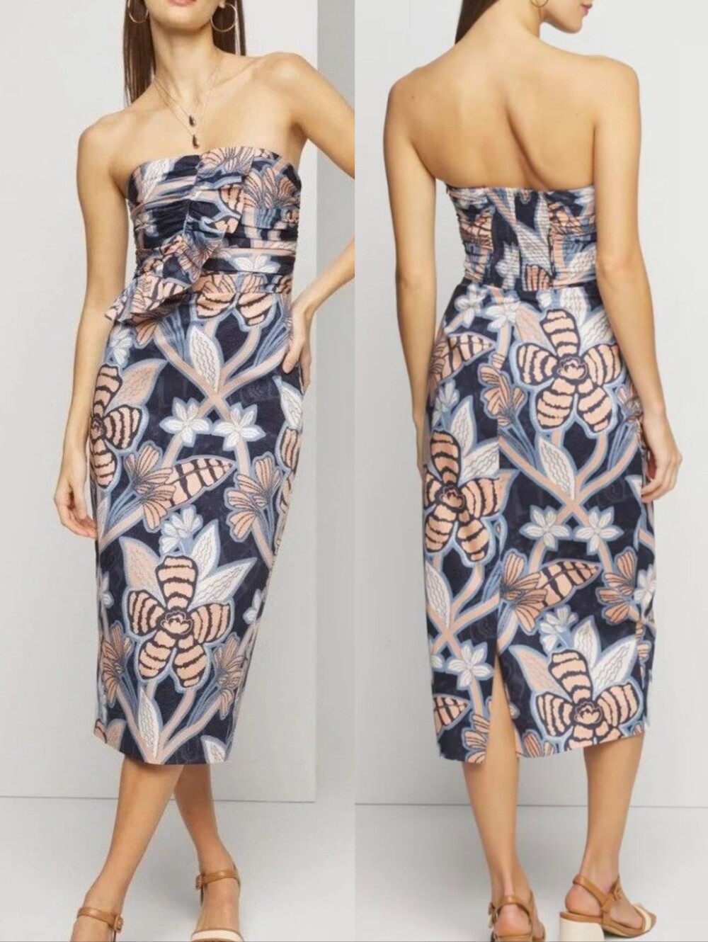WHITE HOUSE BLACK MARKET Strapless Ruffle Bust Sheath Dress Tropic Garden Sz 12